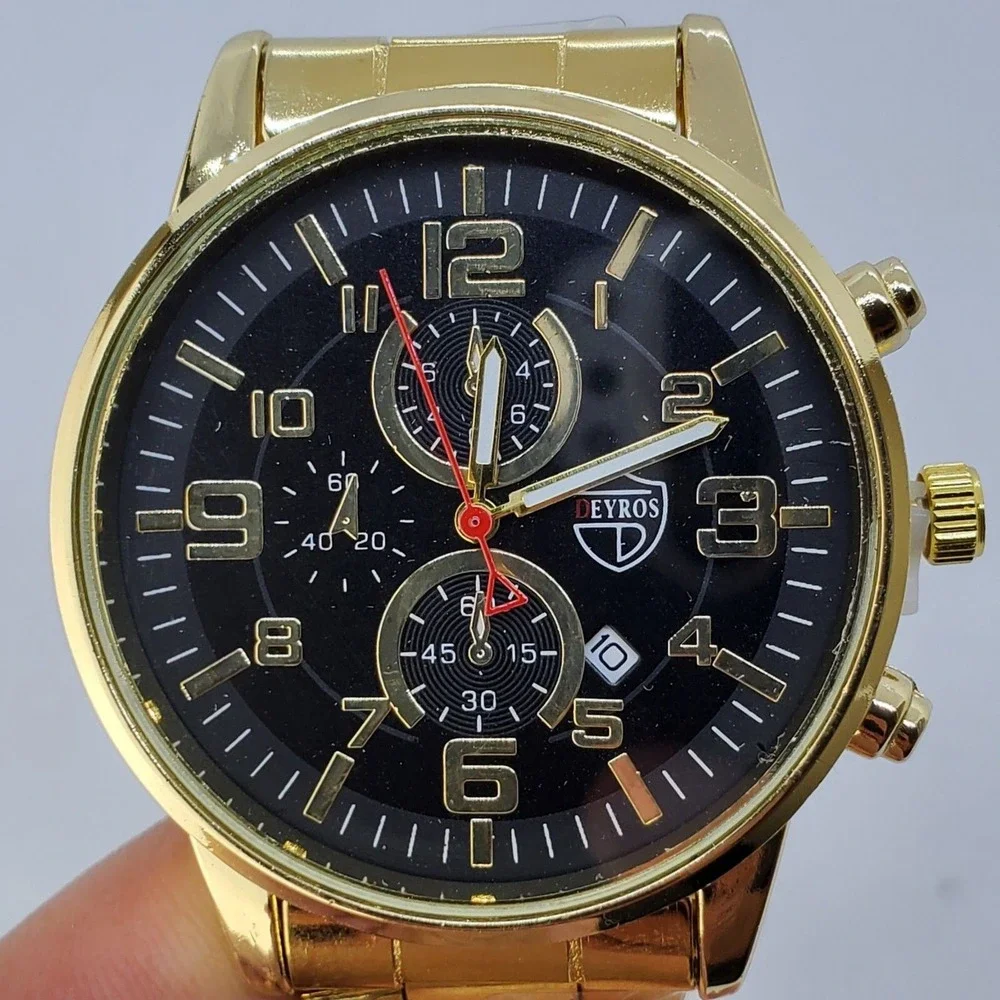 Men's Watch 42MM Large Gold Case Black Dial Date Gold Bracelet‎ Band 7